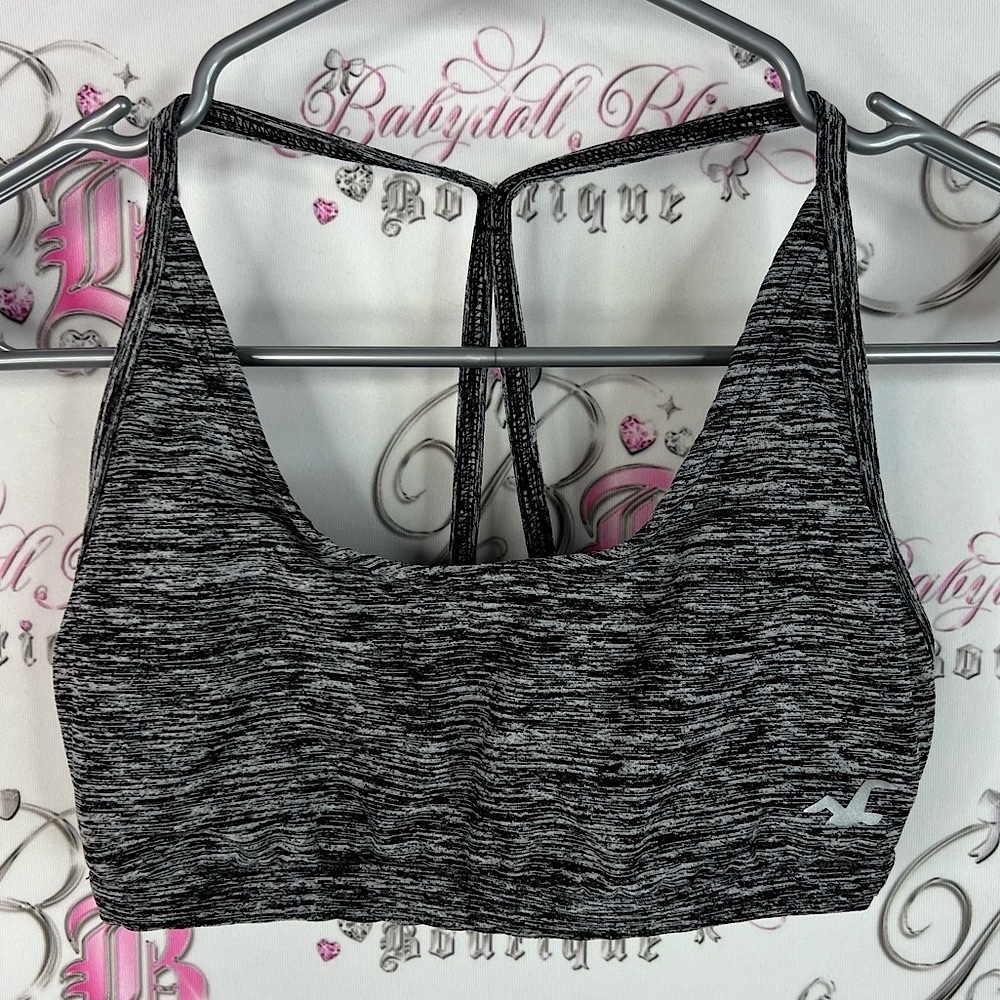 Hollister sports bra strappy racer back heathered Black and Gray Sports Bra